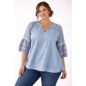 Canyon Retreat Blue Embroidered Peasant Blouse 1X Boho V-Neck Short Sleeve NWOT